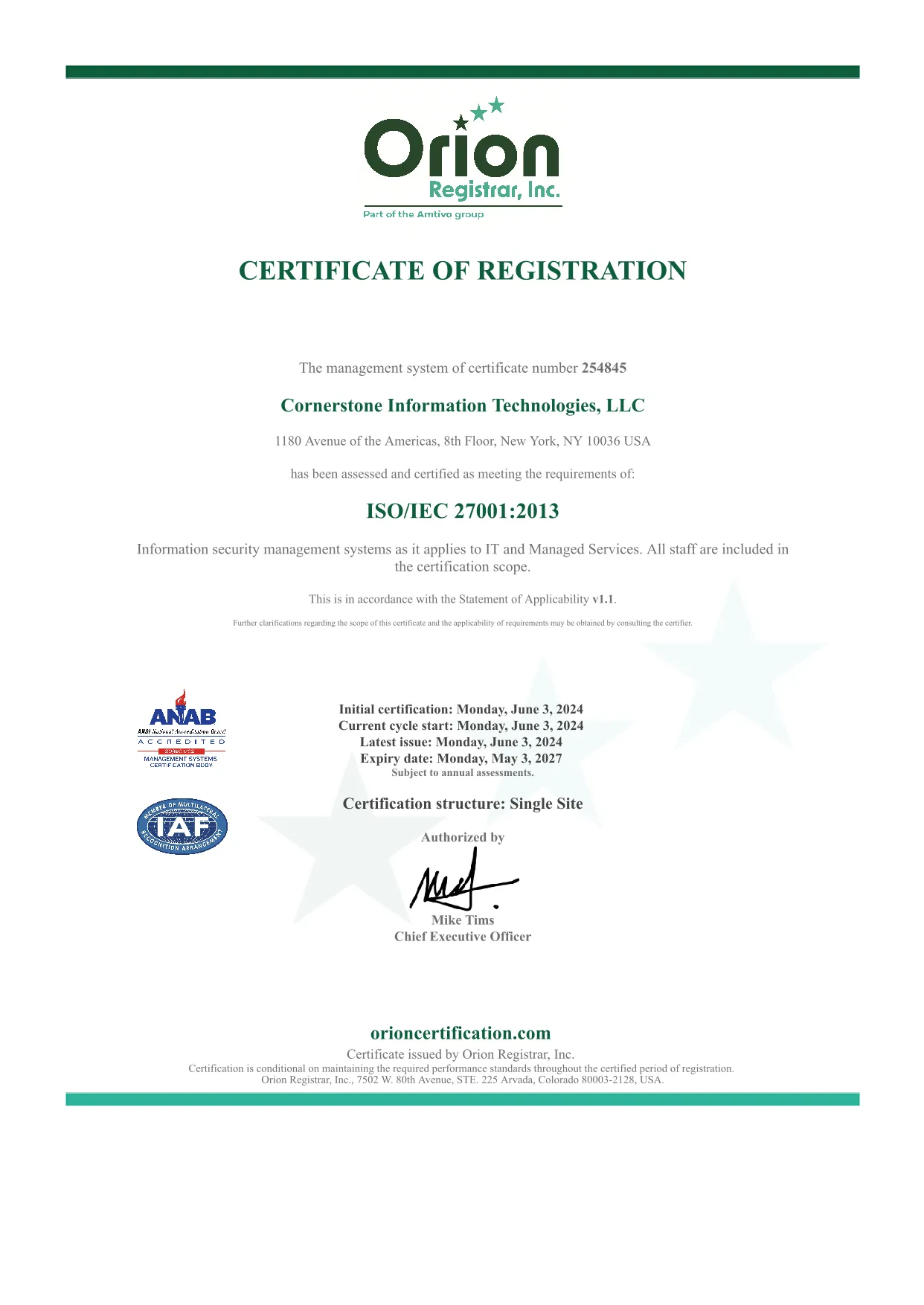 Cornerstone.IT achieves ISO 27001 certification and verification